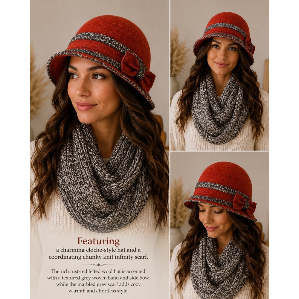C.C Exclusives Hat Scarf Set Women OS Cottagecore Rust Red Wool Blend NWT